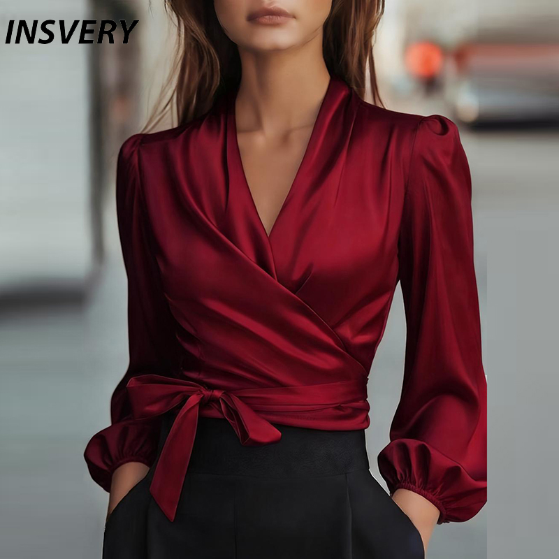 Sexy col en V froncé Blouse chemise à manches longues Satin solide élégant bureau montre de sport chemise femmes mode printemps automne à lacets hauts