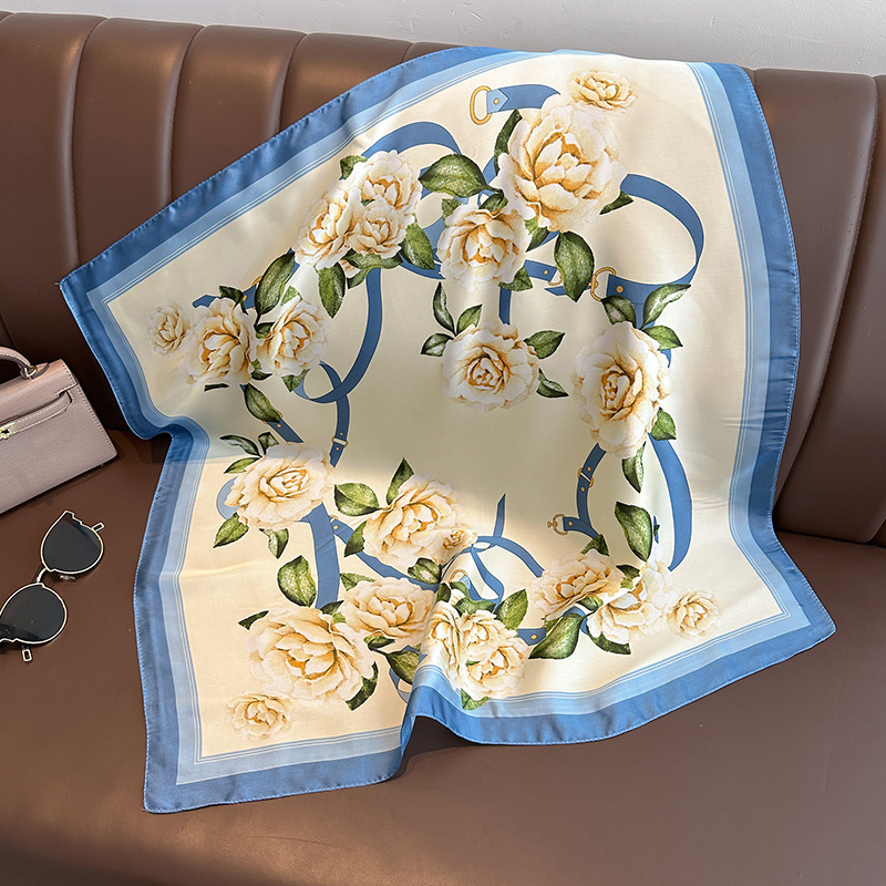 Foulard carré en soie tendance pour femme, bandeau imprimé fleurs, châle en satin, écharpe, bandeau pour cheveux, bandana, hijab pour femme