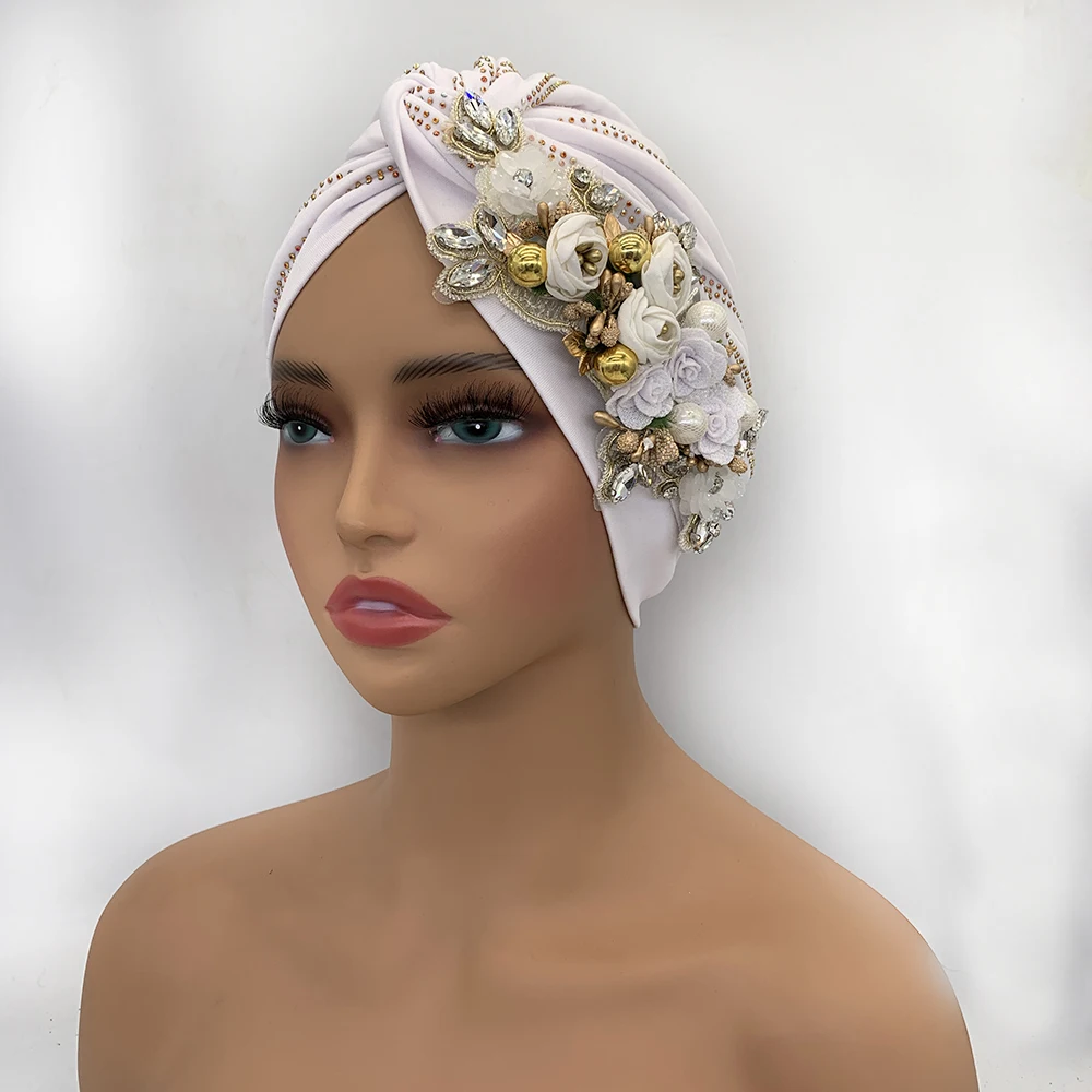 Turban Africain à Fleurs et Diamants pour Femme, Chapeau Sarf Torsadé pour ixde Mariage, Style Nigérian