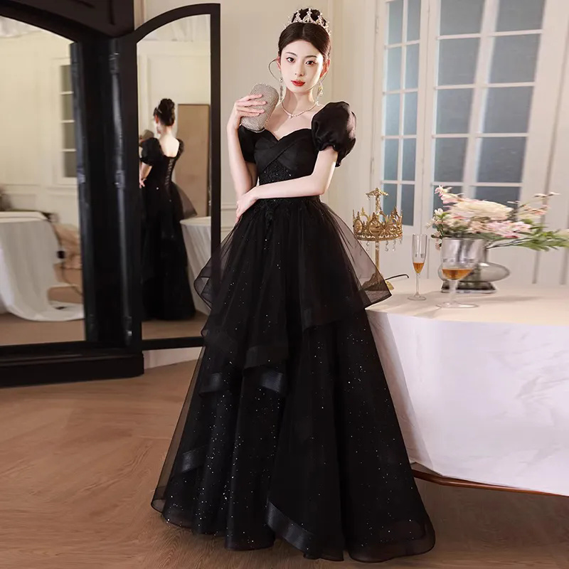 Robe de soirée noire pour femmes, sens haut de gamme, tempérament de Niche, robe longue et courte, robe d'hôte de soirée pour femmes, 2025