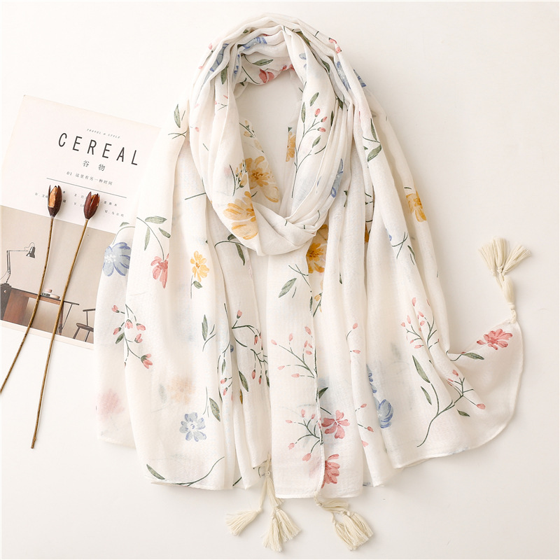 Écharpe à pampilles à motifs floraux, châles en coton doux et longs, foulard rond pour la tête, hijab, nouveau, 2023