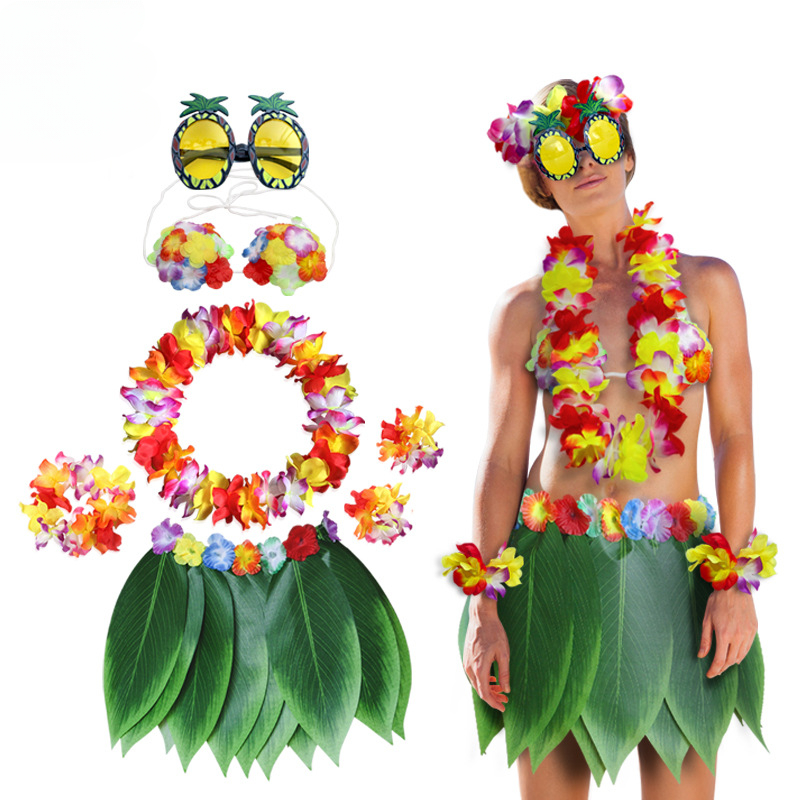 Luau – tenues hawaïennes à fleurs, feuilles d'herbe, jupe Hula, ensemble de lunettes de soleil, guirlande pour Costumes de Cosplay de fête tropicale