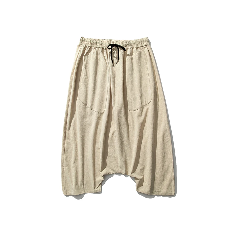 Pantalon d'été kimono vintage ample en coton et lin, nouveau pantalon décontracté pour homme, grande taille, pantalon à jambe décontractée pour homme, taille élastique, longueur mollet