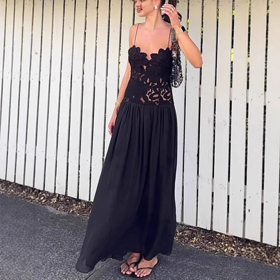 Robe femme brodée fleur Patchwork voir à travers dentelle Spaghetti sangle robes mode Sexy fête longue robes femme