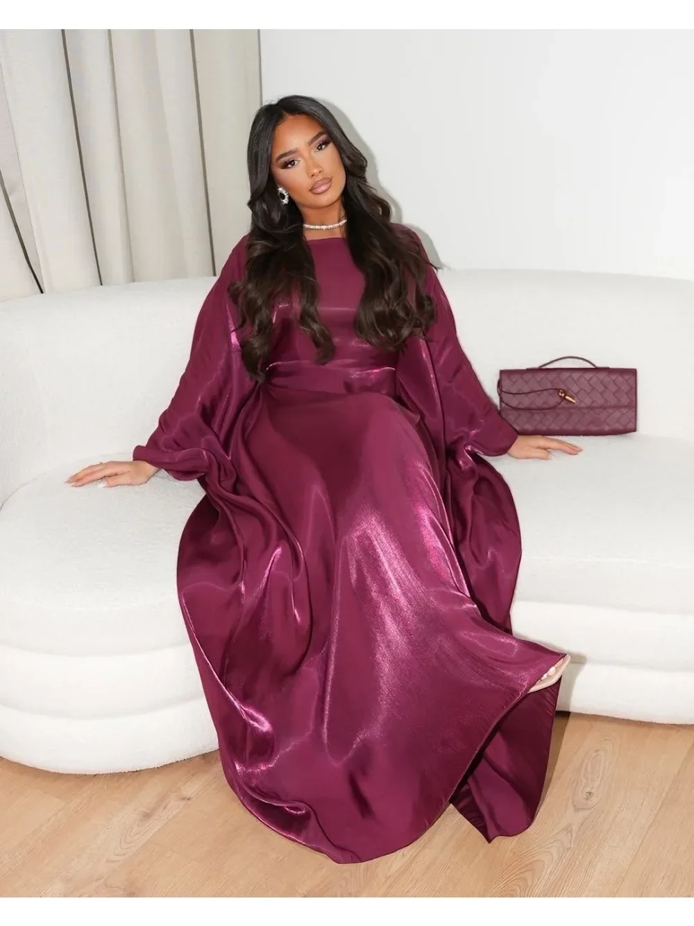 Abaya-Robe musulmane pour femmes, tenue de soirée soyeuse, manches chauve-souris, arabe, dubaï, islam, jeux éducatifs, ramadan jalabiya, 2025