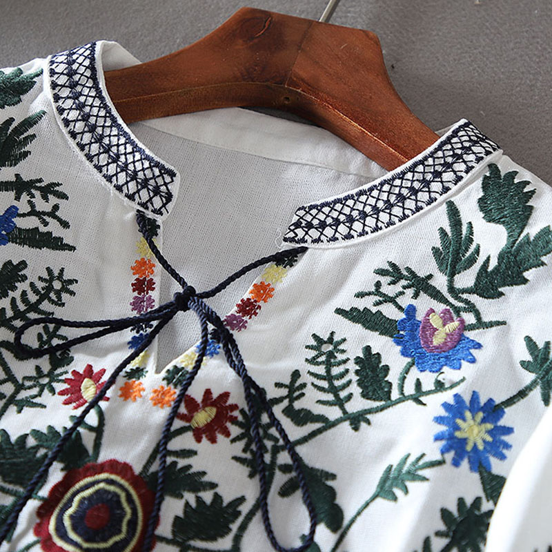 Chemisier rétro pour femmes, Style National brodé à lacets, pompon, col en v, manches lanternes, hauts amples assortis avec tout, Blusa féminine A21