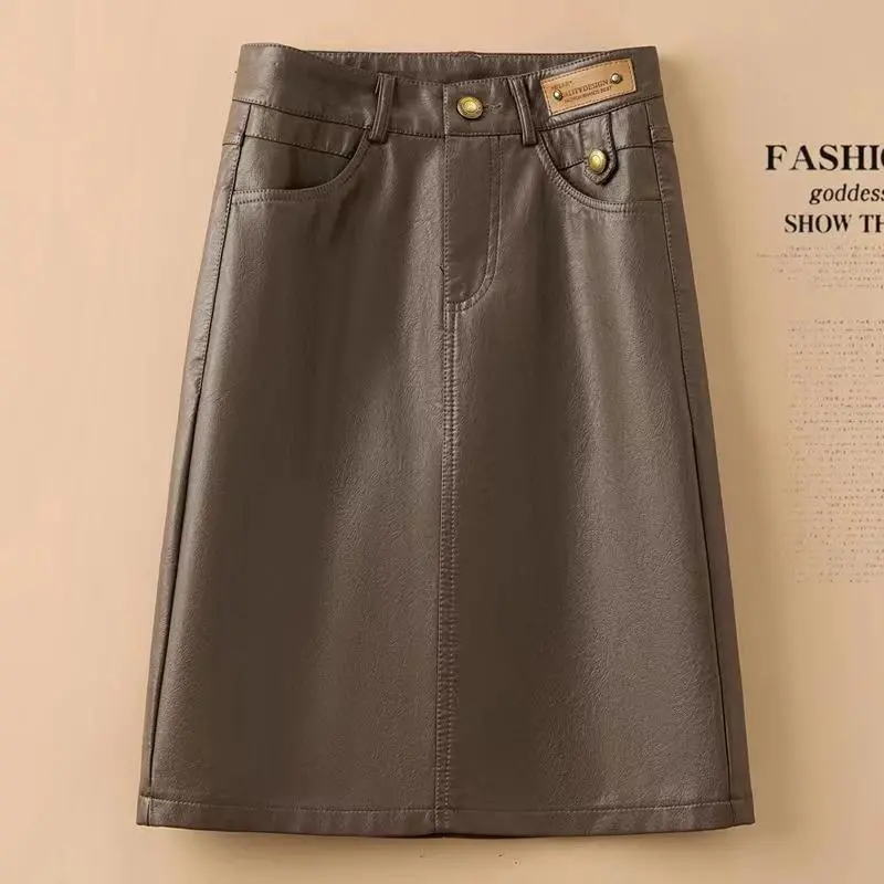 Printemps automne hiver jupe en cuir femmes nouvelle mode noir marron taille haute PU a-ligne jupes grande taille S-5XL femme jupes Midi
