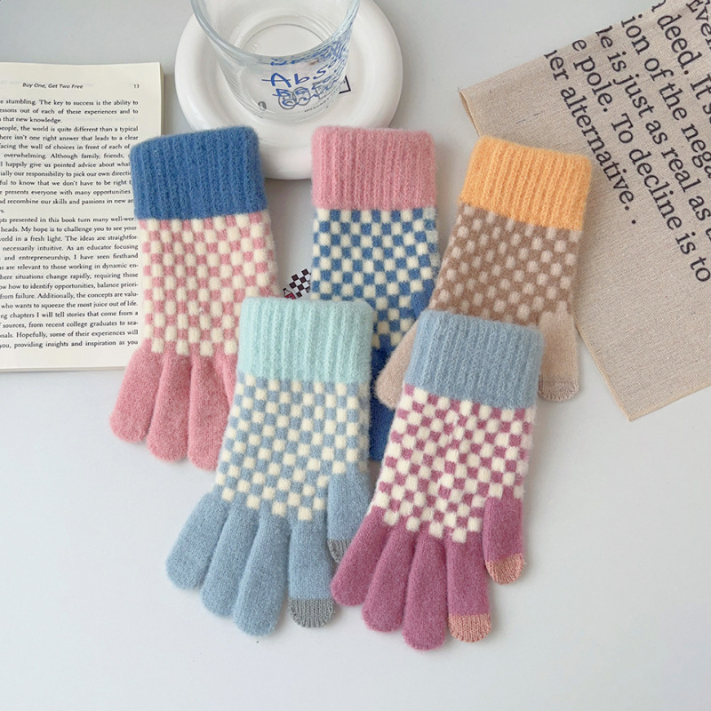 Gants en laine tricotés pour écran tactile pour femmes, garde au chaud, mignon, joli treillis à la mode, épais, haute qualité, Protection contre le froid, hiver