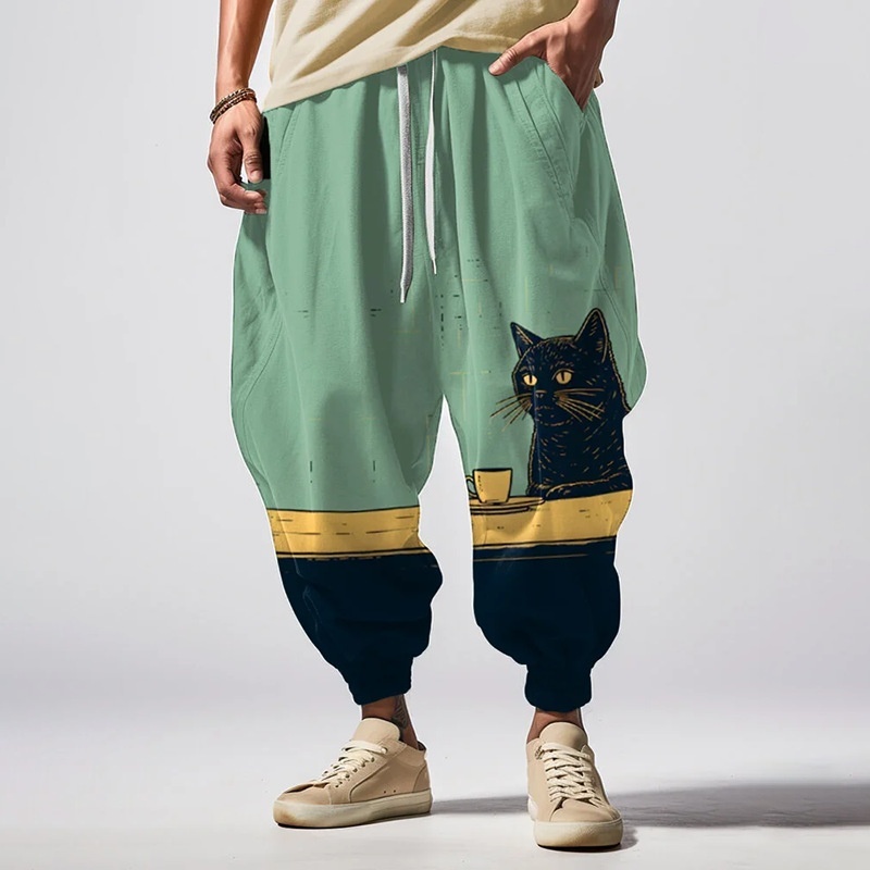 Pantalon Harem décontracté pour homme, style Hip Hop, imprimé 3D Chat Samouraï Japonais, style chinois, coupe ample, pantalon de jogging