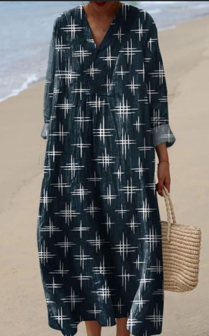 Robe en lin à manches longues pour femme, robe décontractée à imprimé floral 3D, manches longues