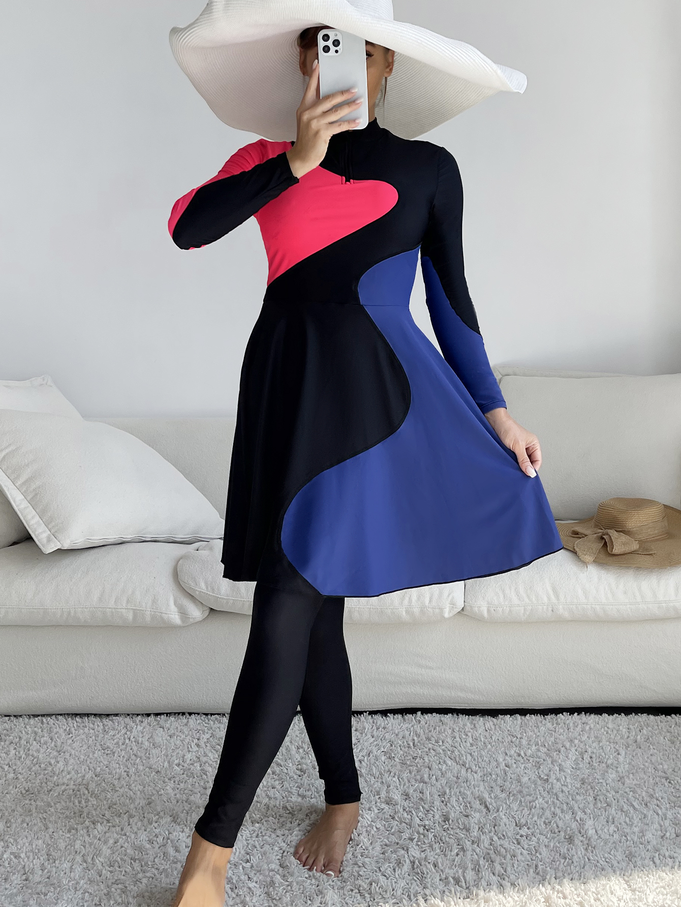 Burkini patchwork bleu et rouge pour femme musulmane, robe longue et culotte, maillots de bain à couverture complète, nouveaux maillots de bain modestes, 2 pièces
