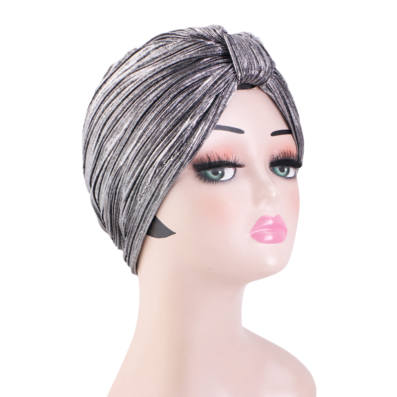 Nouveau Turban plissé métallisé pour femme, style ethnique rétro, élastique, brillant, bonnet, foulard, bonnet chimio