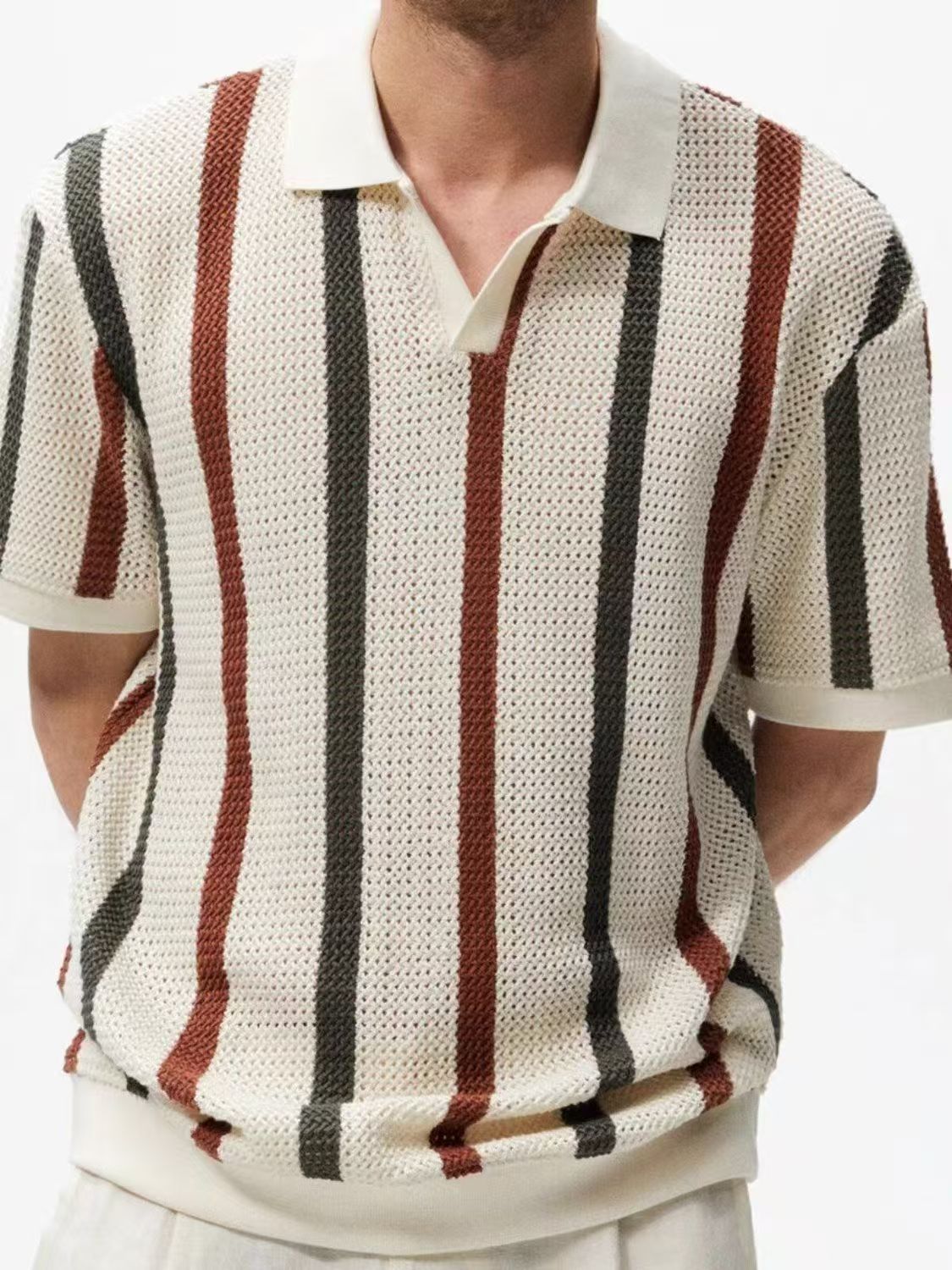 Chemises tricotées kaki ajourées pour hommes et femmes, Polo rayé contrasté, t-shirt d'affaires ample à manches courtes, été 2025