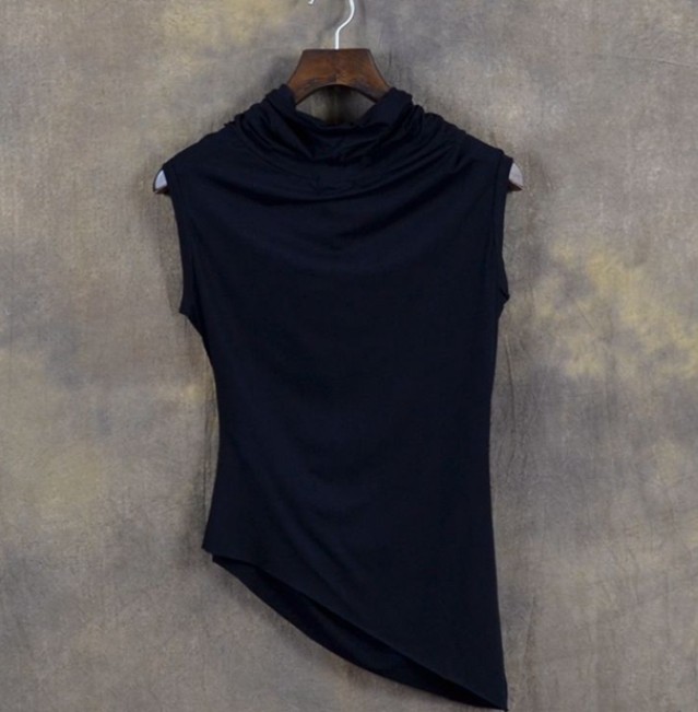 T-shirt à col à poils pour homme, slim, décontracté, à la mode, sans manches, irrégulier, pour coiffeur, pour boîte de nuit, nouvelle collection
