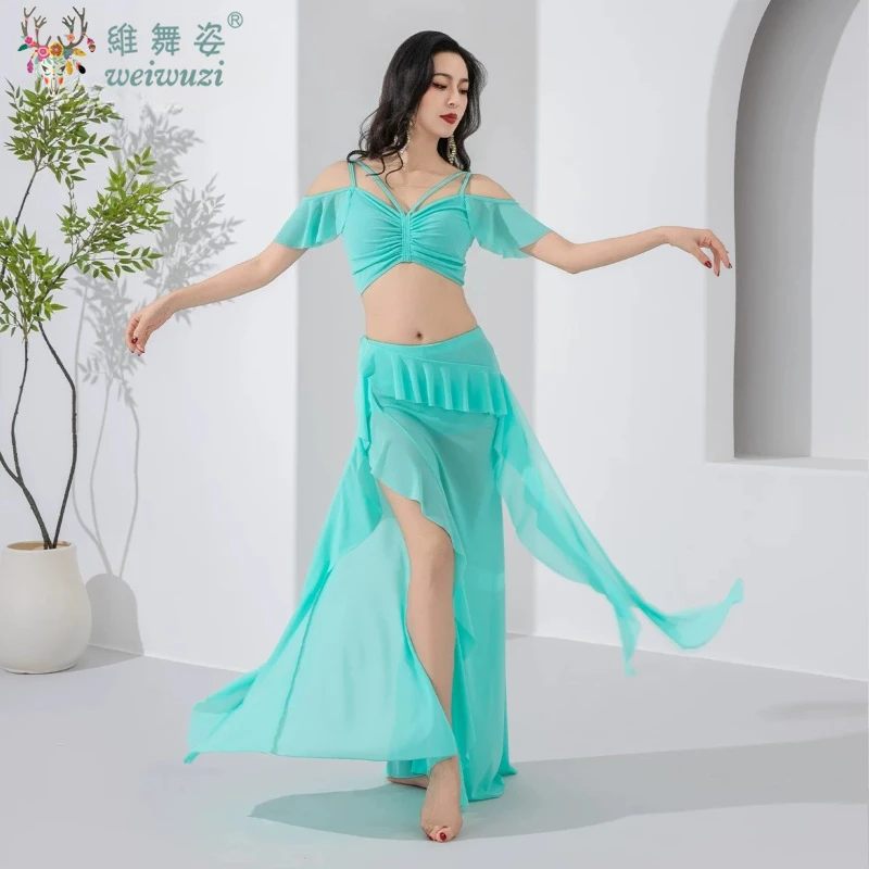 Nouvel ensemble de costumes de danse du ventre pour femmes, vêtements d'été doux et confortables, haut + jupe, tenue d'entraînement de danse folklorique orientale