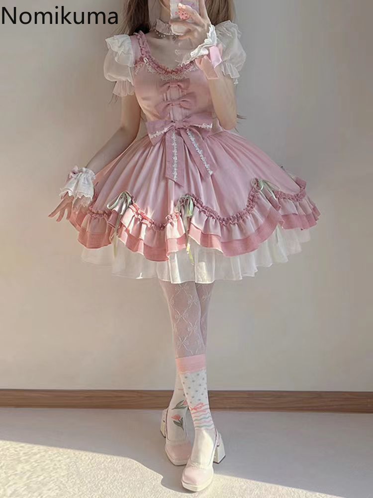 Robe rose douce femmes vêtements Style Lolita japonais mignon Robe Femme 2025 robes De Mujer nœud plis a-ligne robes d'été mignonnes