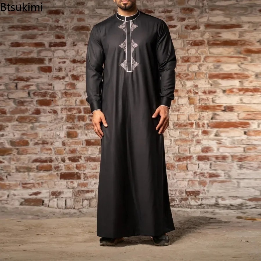 Abayas musulmanes pour hommes, couleur unie, Robe longue brodée, Jubba Thobe, chemises musulmanes arabes saoudiennes, vêtements islamiques, 2026