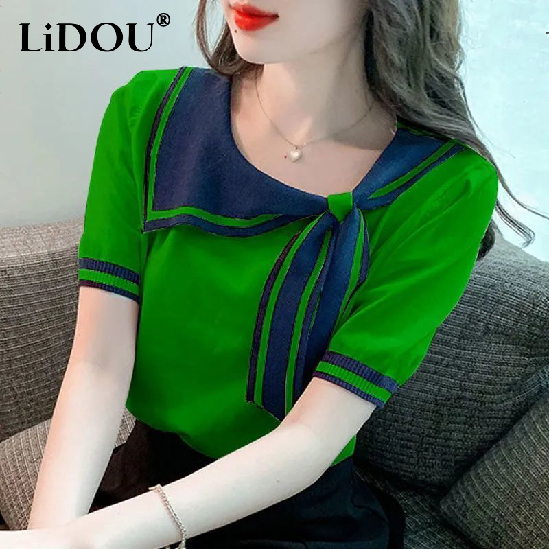 T-shirt décontracté à manches courtes pour femmes, col écharpe, pull tout match, vêtements pour femmes, doux, nouveau, mode, printemps, été