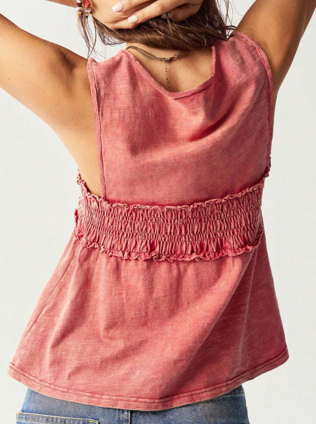Débardeur en coton coloré pour femme, col en V, à nouer devant, avec volants et smocks, style vintage délavé, coupe ample, camisole bohème décontractée