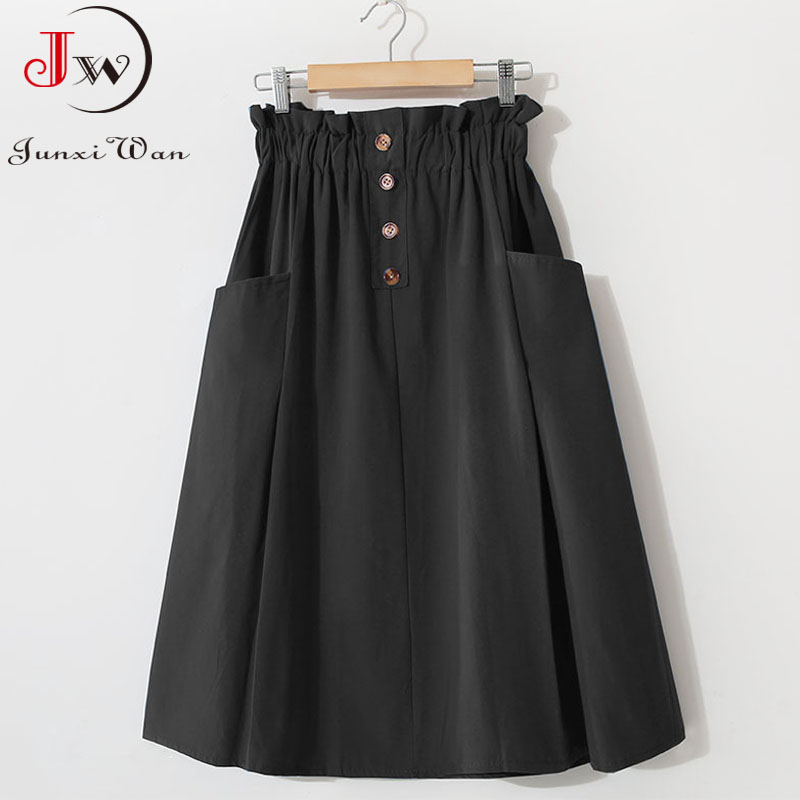 Jupe mi-longue taille haute A-Line avec poche pour femmes, jupes décontractées monochromes pour filles, style coréen élégant, printemps et été