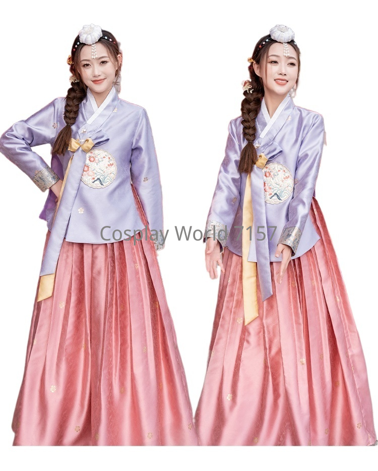 Costume de princesse de palais pour femmes, élégant, traditionnel coréen, Hanbok, haut brodé de fleurs violet clair, jupe en jacquard rose doré