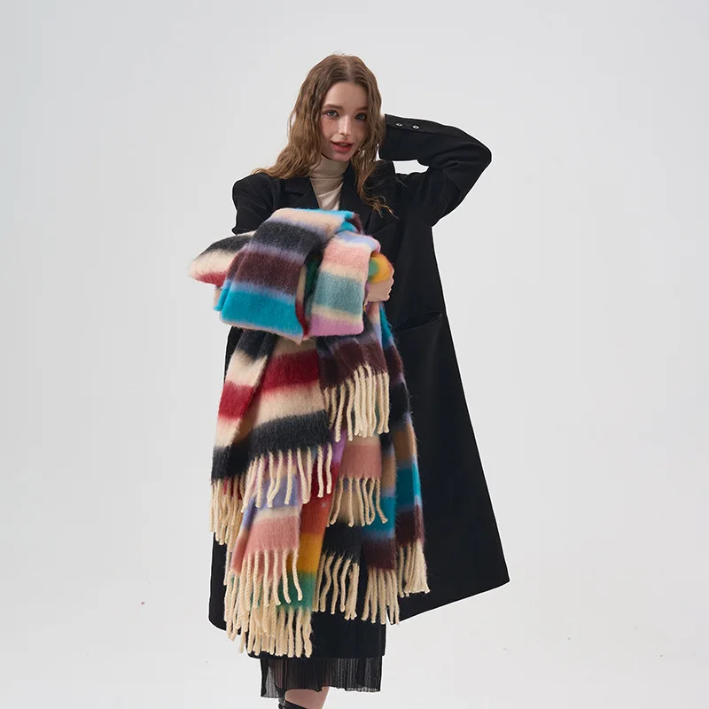 Écharpe à pampilles en cachemire rayé arc-en-ciel coloré, Mohair, Kawaii, Chaud, Épais, Accessoires de mode, Bandeau de la présidence du couple, Hiver
