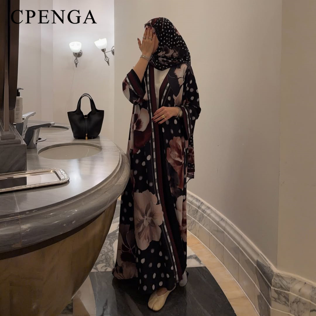 Abaya Hijab deux pièces à imprimé floral et pois pour l'été 2026, tenue de fête du Ramadan pour femmes musulmanes, robe kaftan islamique turque