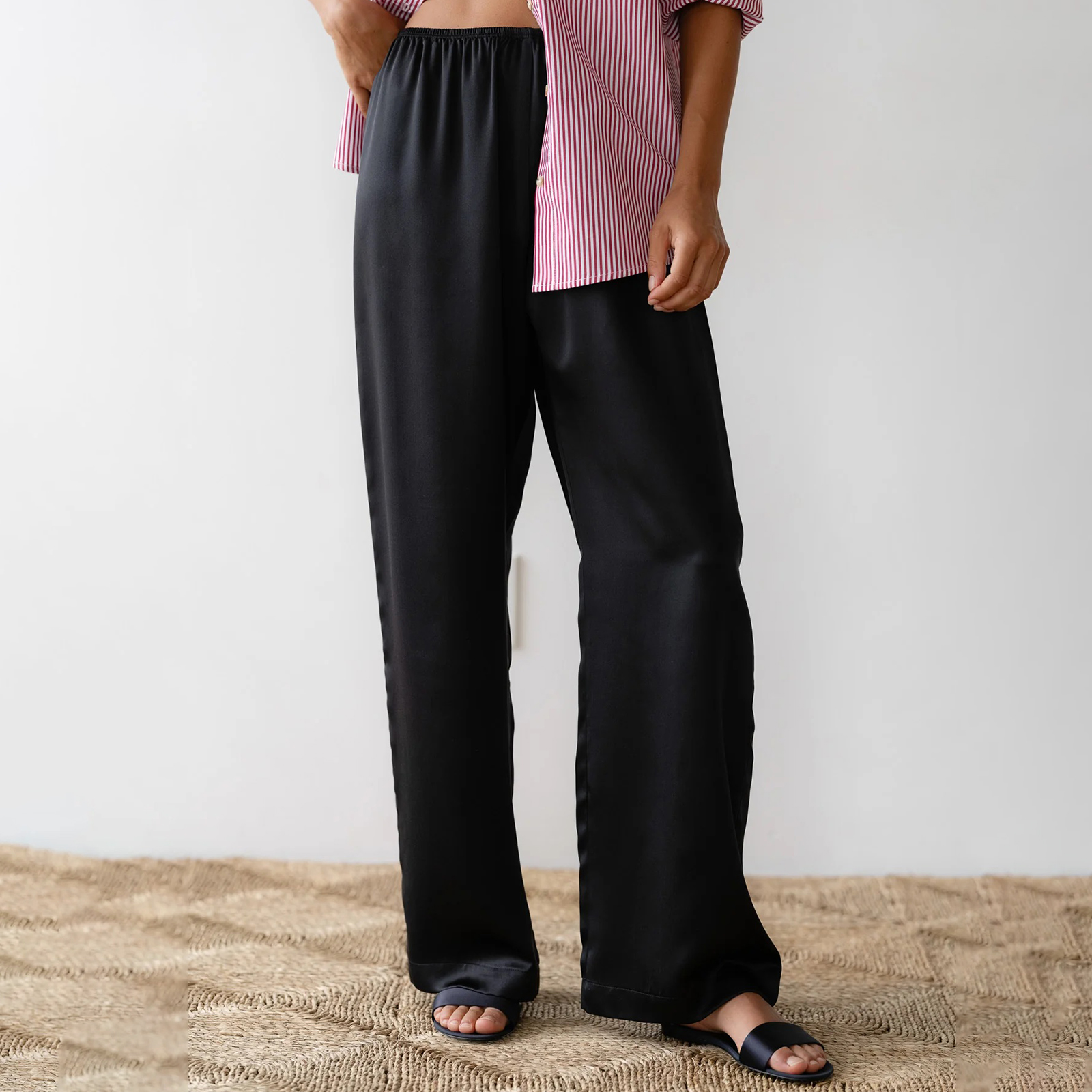 Pantalon de robe élégant pour femme en satin couleur unie, coupe large, taille élastique, coupe ample, long, style rétro années 00, streetwear