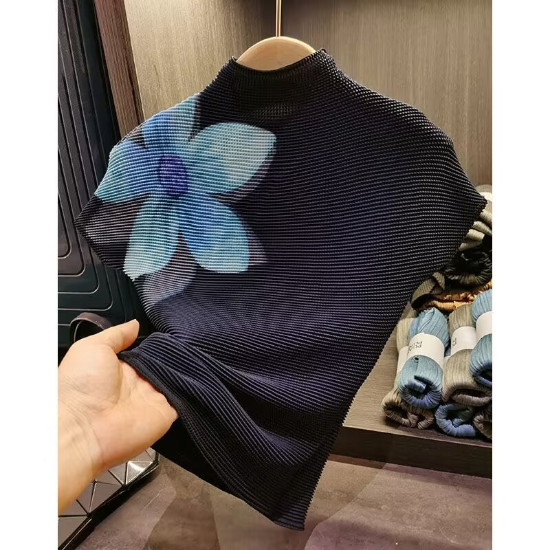 Femme vêtements T-shirt Miyake plissé Grain imprimé T-shirt femmes manches courtes rétro col mi-haut été Joker haut mince