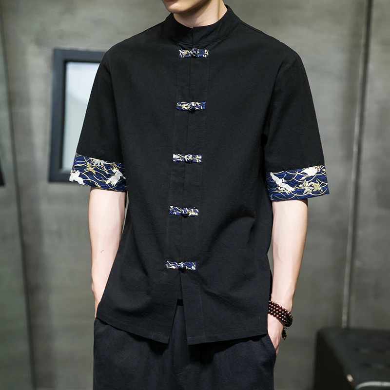 Chemise Kimono japonaise pour hommes, rétro chinois, imprimé décontracté, coton et lin, couture, hauts à manches courtes, haut d'été de qualité, Streetwear pour hommes