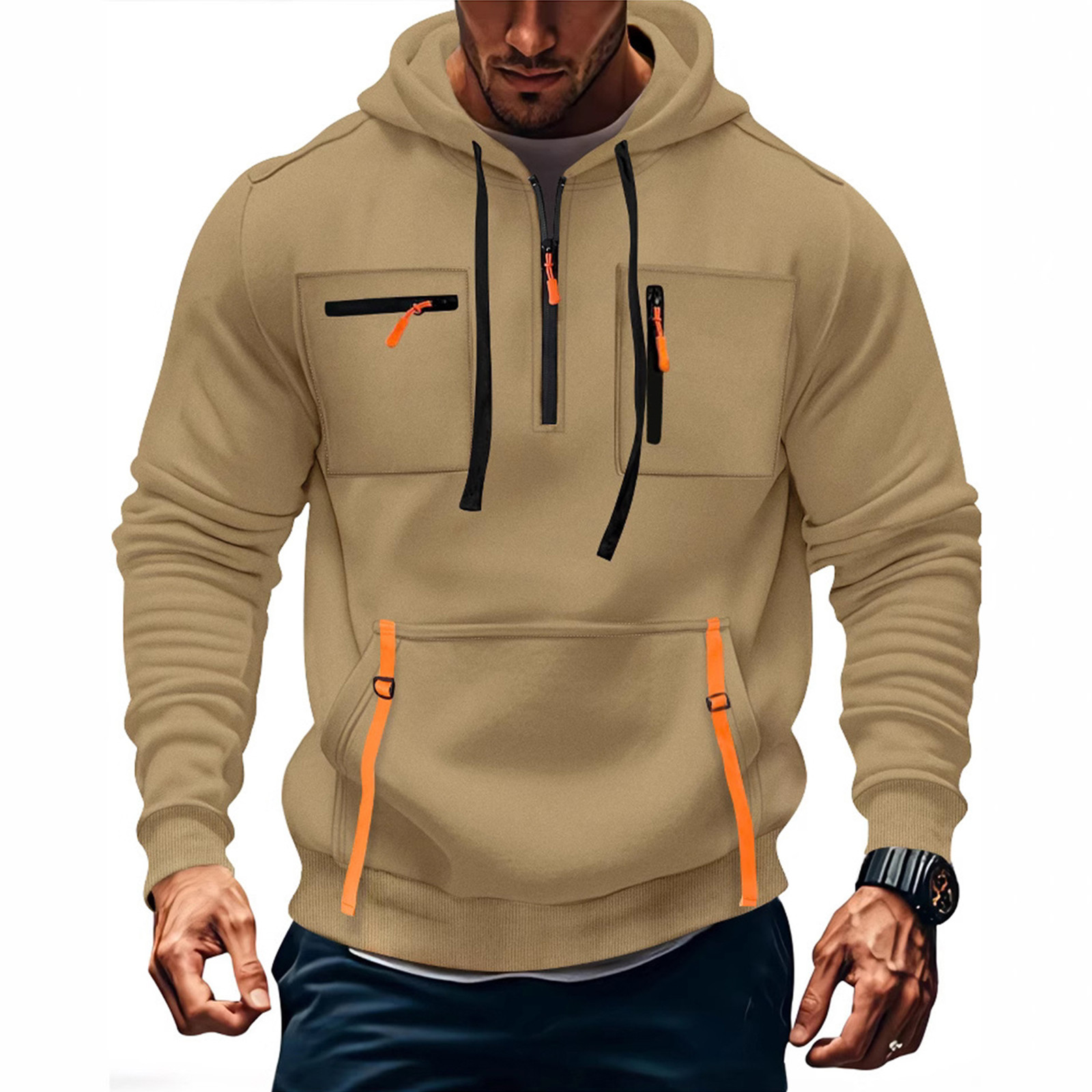 Sweat à capuche décontracté pour homme 2025 – Nouvelle mode avec poches et fermeture éclair – Couleur unie – Coupe ample – Idéal pour la course en extérieur et le streetwear