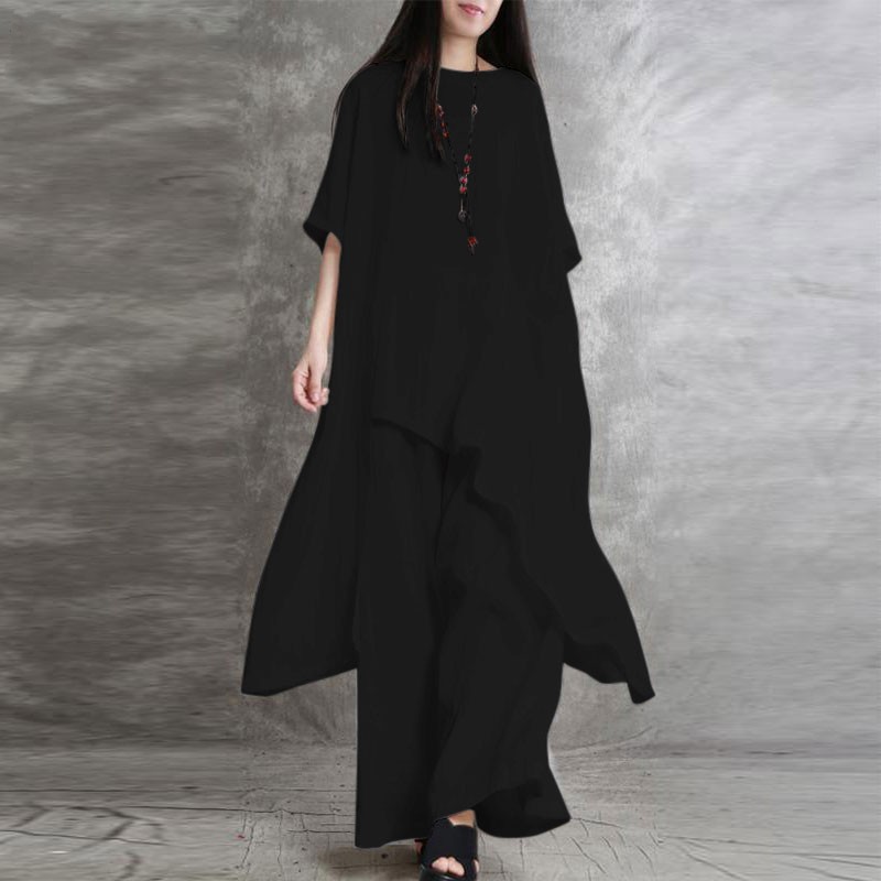 Ensemble pantalon en coton et lin pour femmes, 2 pièces, chemisier ample décontracté à manches mi-longues, couleur unie et taille haute élastique, jambes larges, costumes complets