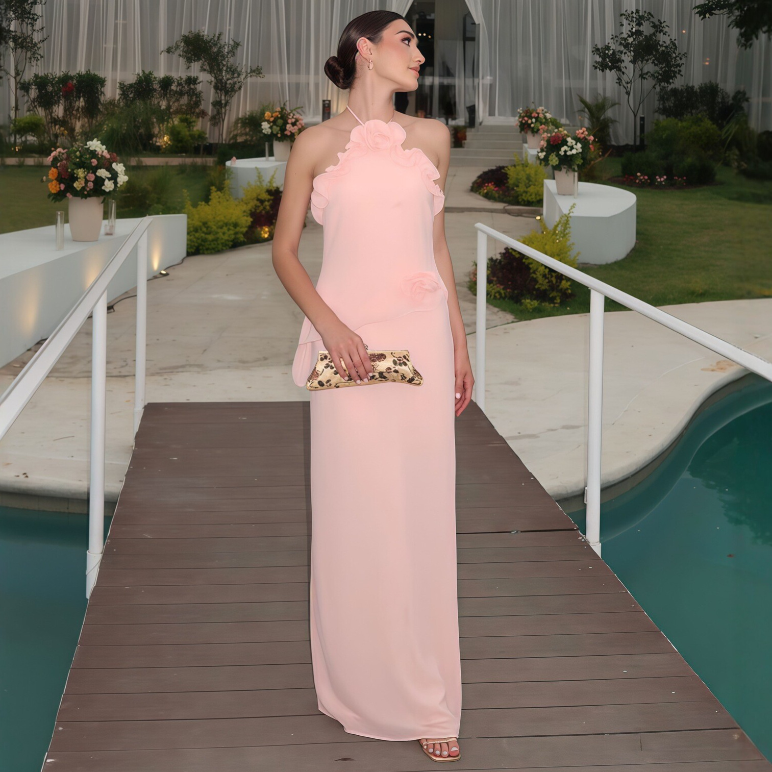 Robe longue florale élégante pour femme, robe maxi rose à volants et dos nu, robe de soirée, invitée de mariage, robe de bal 2026, robe de demoiselle d'honneur, nouvelle collection