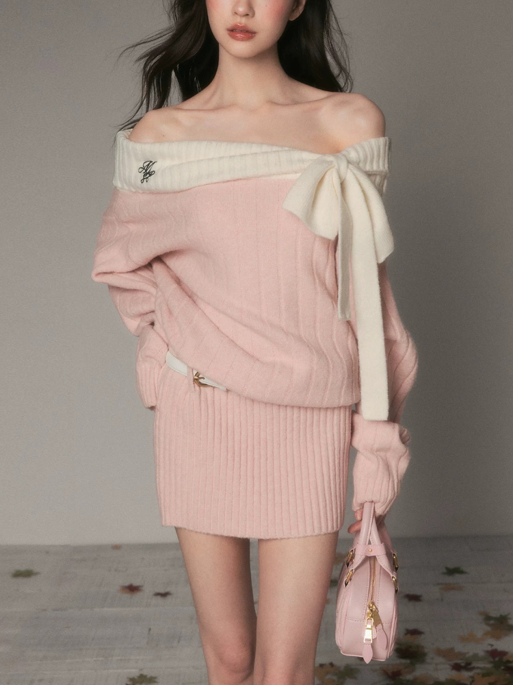 Robe en tricot Vintage pour femmes, épaules dénudées, Style doux, manches longues, Design avec nœud, épais, chaud, élégant, tenue à la mode, automne hiver