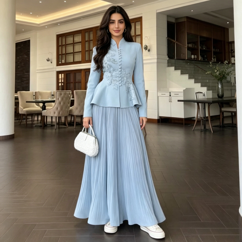 Ensemble 2 Pièces Jupes et Manteau Plissé pour Femme, Tenue de Fête Musulmane, Ensemble Brodé pour Ramadan, Veste Brodée Maroc Dubaï, Tenues Aïd