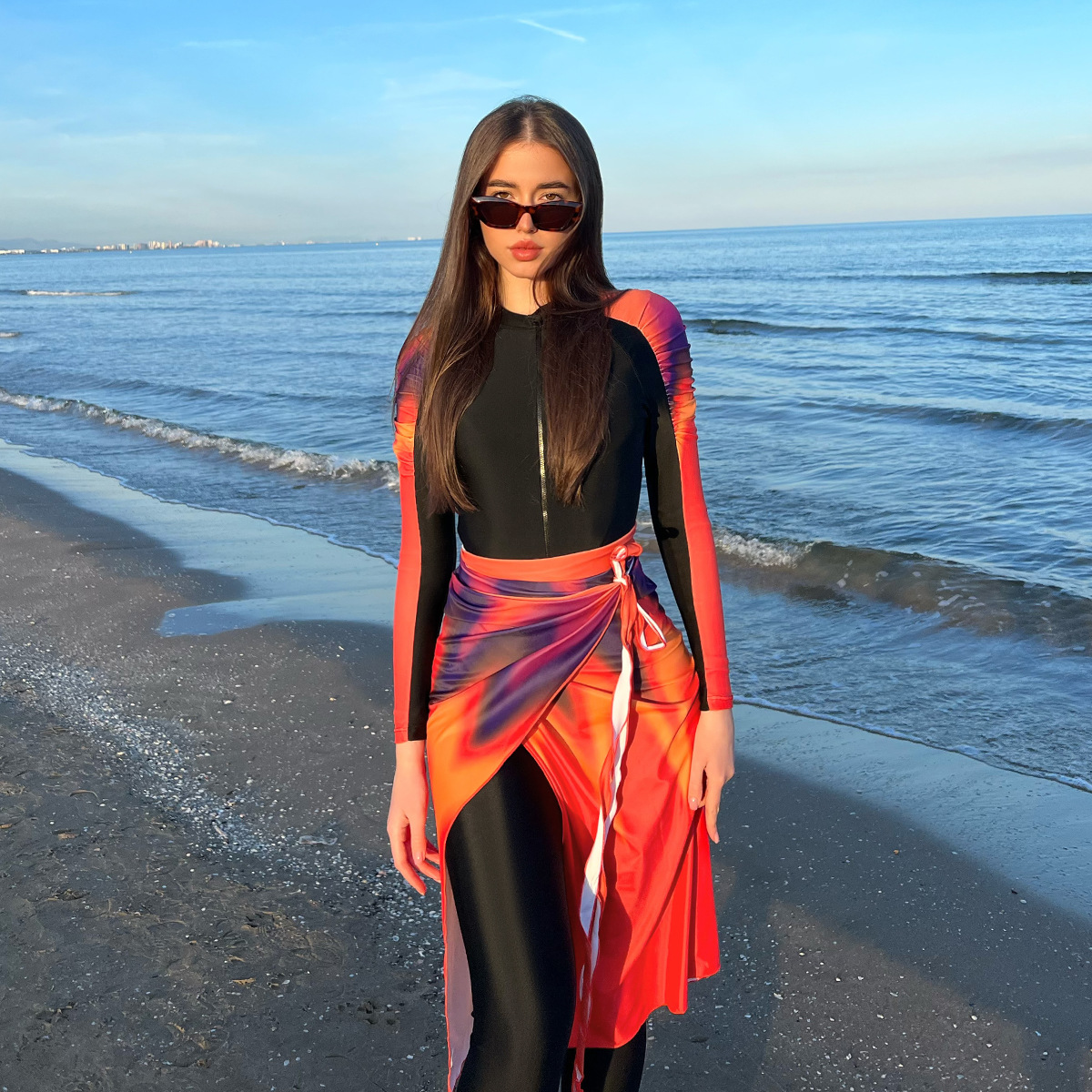 Maillot de bain rouge nickel é pour femmes musulmanes, burkini, manches longues, pantalon, bloc solaire, fermeture éclair, vêtements de plage, été