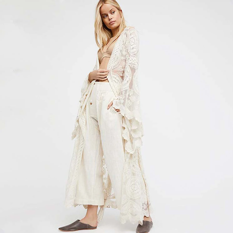 TEELYNN – Kimono à manches longues pour femmes, chemisier Boho en dentelle, broderie florale, Cardigan enveloppant sexy, vêtements de plage, chemisiers gitans pour femmes