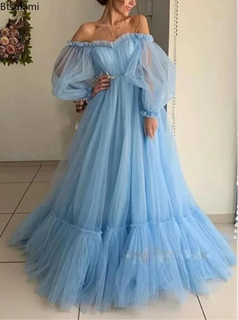 Robe de mariée élégante pour femmes, asymétrique épaule dénudée, manches longues, en mousseline de soie, mi-longue, robe de princesse, dos nu, 2026