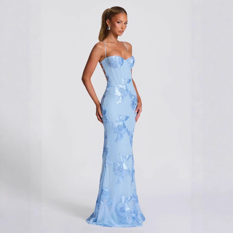 Robe de soirée sirène élégante et luxueuse à imprimé floral, dos nu en maille, avec corset et liens, coupe ajustée, longueur maxi