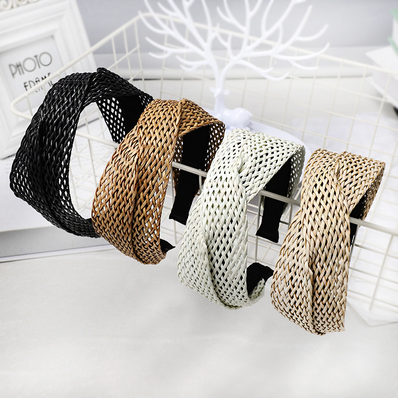 Bandeau de sauna bohème pour femmes, en paille nouée, fait à la main, cerceau de tête de plage, accessoires pour cheveux à larges bords