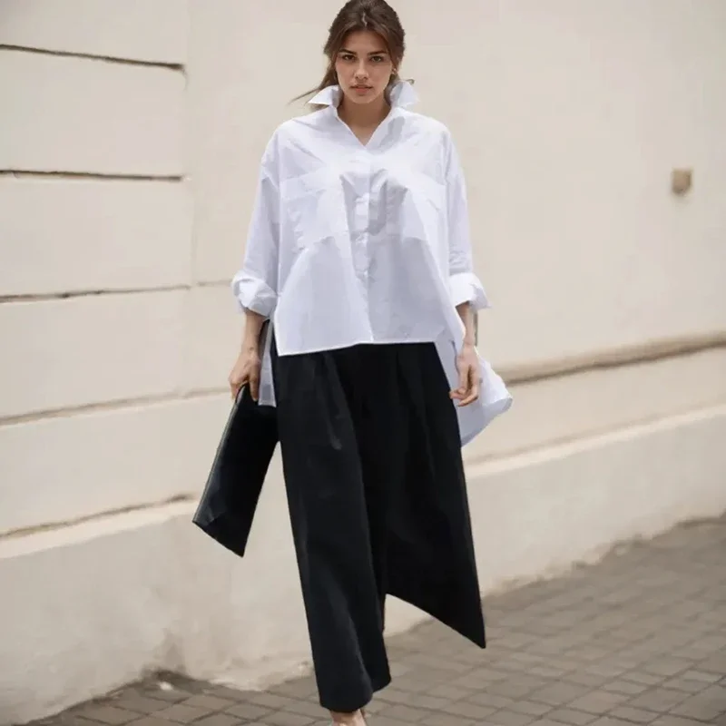 Chemisier décontracté pour femmes, chemise blanche ample irrégulière, mode dame, revers, manches longues, simple boutonnage, hauts de couleur unie, nouvelle collection