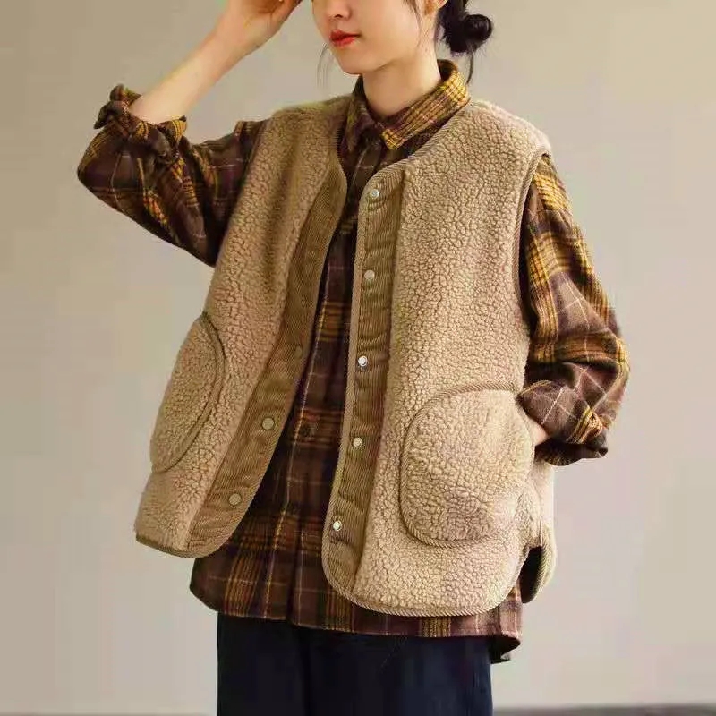 Nouveau gilet réversible double face pour femme, automne-hiver 2026, style littéraire, ample, sans manches, en velours côtelé