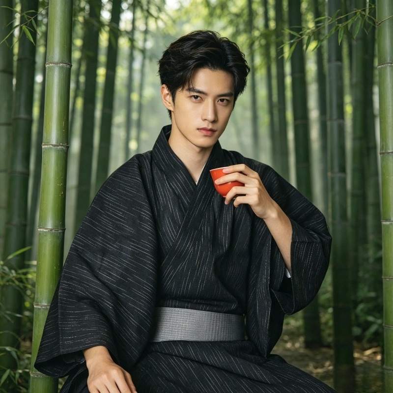 Kimono Yukata traditionnel japonais de couleur unie noire pour hommes, tenue longue d'été idéale pour la photographie en studio et le port quotidien