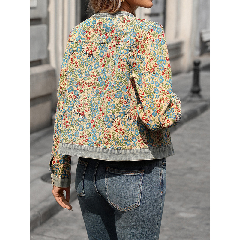 Benuynffy – Nouvelle veste en jean rétro jacquard à manches longues pour femme, col rond, simple boutonnage, décontractée, courte, collection Printemps 2026
