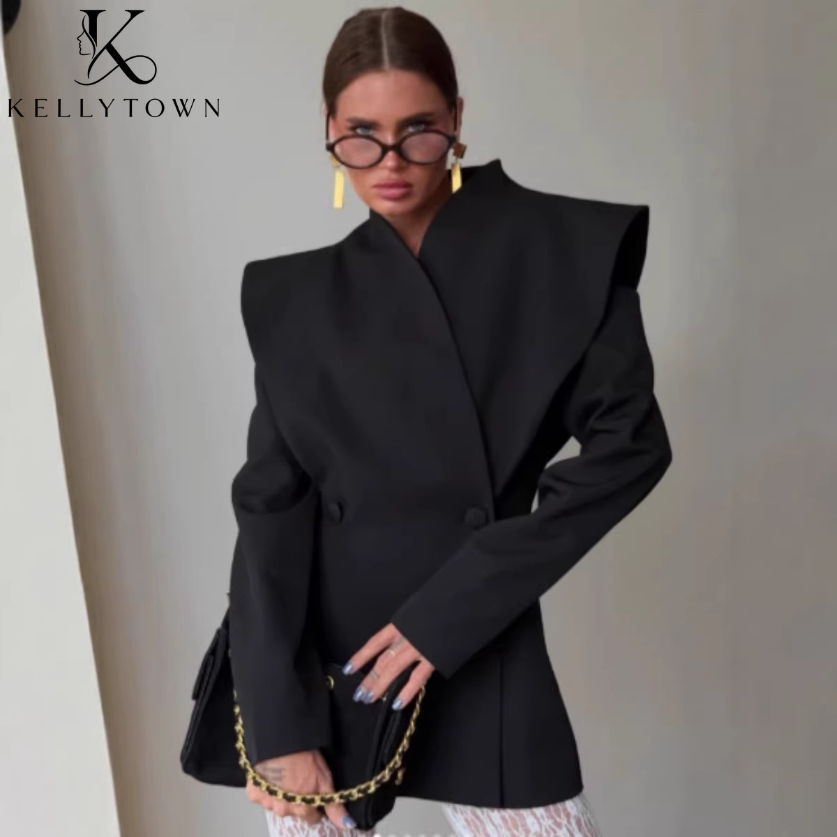 Blazer surdimensionné noir pour femme 2026 avec revers châle, chemisier structuré à épaules cintrées, manteau à manches longues pour automne-hiver