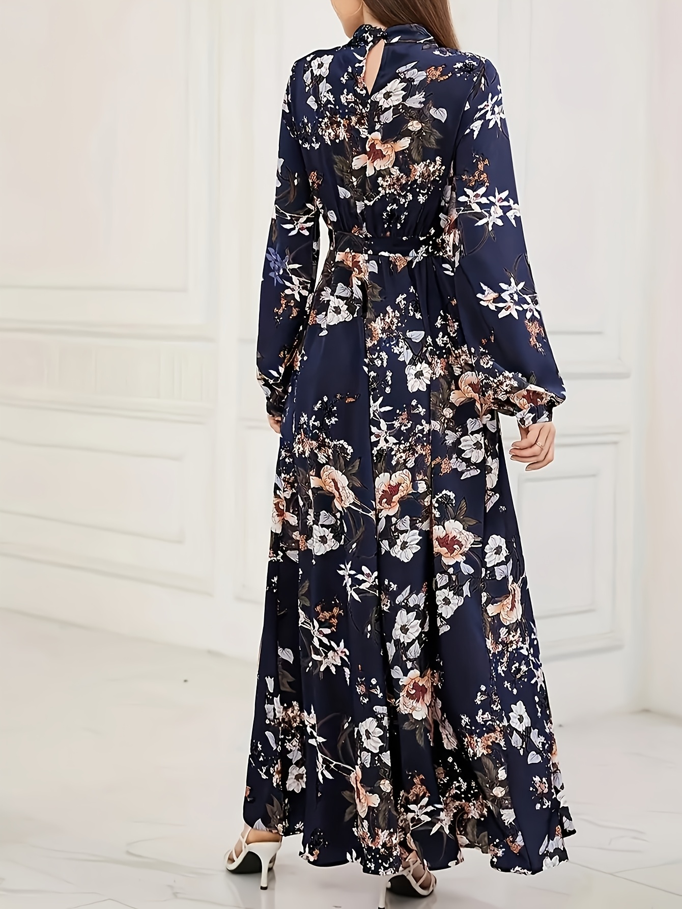 Robe longue ample pour femme, élégante, à imprimé floral, avec ceinture à nouer, col imitation, manches longues, pour le Ramadan