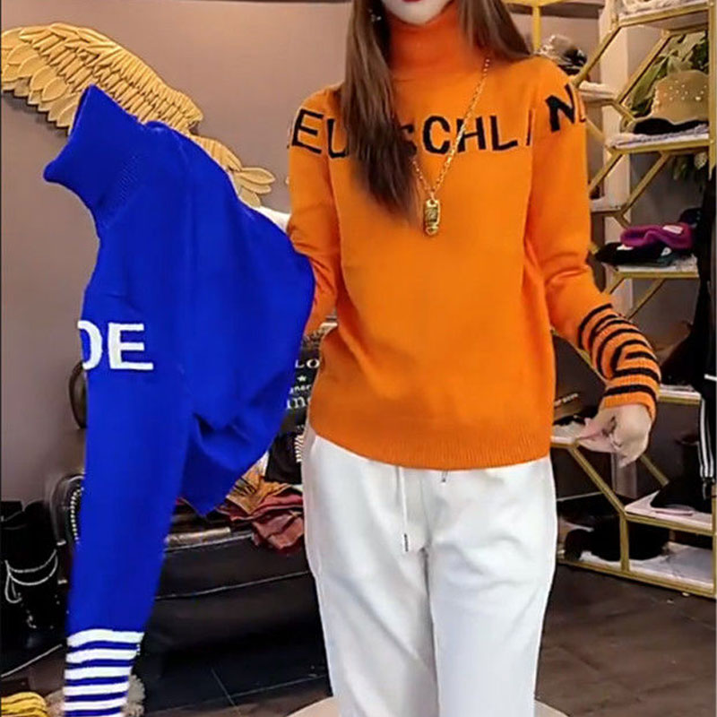 Pulls à col roulé rayés épissés pour femmes, pulls décontractés coréens, streetwear d'automne et d'hiver, vêtements pour femmes