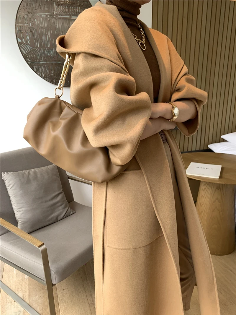 Manteau en Coton et Cachemire Double Face à Capuche Mi-Long pour Femme, Collection Automne-Hiver 2026, 100% Laine, Coupe Ample et Épaisse