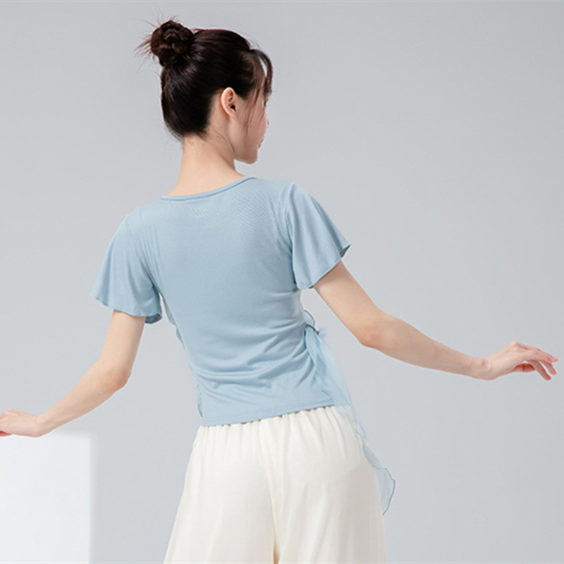 Haut de danse moderne pour femmes, T-Shirt à manches courtes épissé, gaze réglable, vêtements d'entraînement classiques, chemisier de scène fluide, T-Shirt décontracté