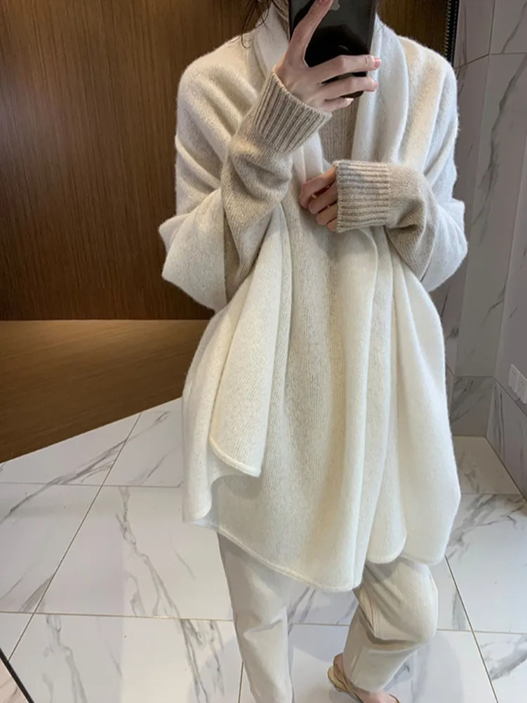 Écharpe en cachemire 100% français pour femme, châle tricoté automne-hiver, grand col élégant, pashmina en laine tricotée, écharpe en cachemire, nouvelle collection 2026